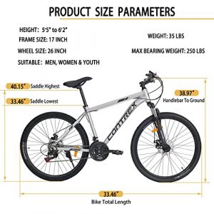 Contrex Mountain Bike 26 Inch Wheels, 21 Speed Genuine Shimano Shifter Kit, Lightweight Aluminum Frame Trail Bicycle with Suspension Double Disc Brake, for Men Women Adult