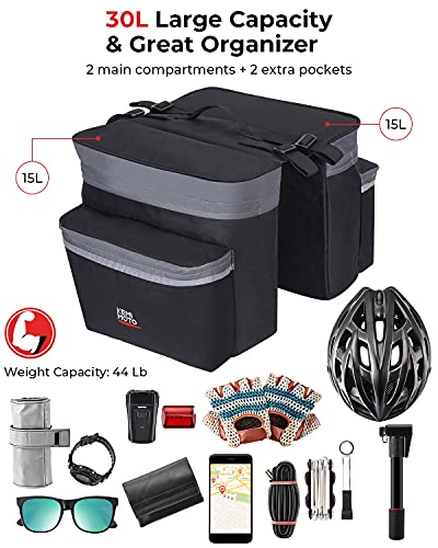 kemimoto Bike Bag Bicycle Panniers Rear Rack Bag, 30L Large Capacity Water Resistant Bicycle Trunk Bag with Reflective Trim, Bike Saddle Bag for Grocery Shopping Commuter Long Cycling Trip, Grey