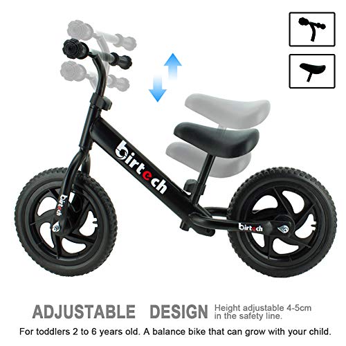 Birtech Balance Bike for 1,2,3,4 Year Old Kids, 12 Inch Toddler Balance Bike Kids Indoor Outdoor Toys, No Pedal Training Bicycle with Adjustable Seat Height, Airless Tire, Black