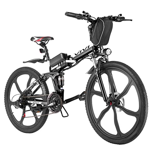 VIVI Folding Electric Bike Electric Mountain Bike 26" Lightweight Electric Bicycle 350W Ebike, Electric Bike for Adults with Removable Lithium Battery,Professional 21 Speed Gears (26inch-Black)