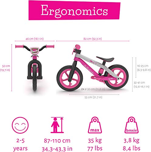 Chillafish Bmxie² Lightweight Balance Bike with Integrated Footrest and Footbrake for Kids Ages 2 to 5 Years, 12-inch Airless Rubberskin Tires, Adjustable Seat Without Tools, Pink