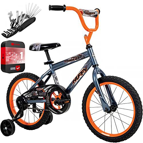 Huffy 21800 Pro Thunder 16 Inch Kids Bike, Training Wheels - Blue/Orange Bundle with Deco Gear 16-in-1 Multi-Function Bike Mechanic Repair Tool Kit for Bicycle/Cycling + 1 YR CPS Protection Pack