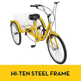 Happybuy Adult Tricycle 24 inch, Three Wheel Bikes 1 Speed, Yellow Tricycle with Bell Brake System, Bicycles with Cargo Basket for Shopping.