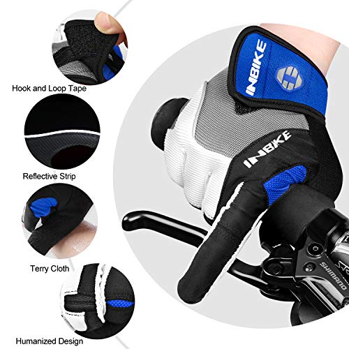 INBIKE Men's Cycling Gloves, Full Finger Gel Padded Mountain Bike Blue Large