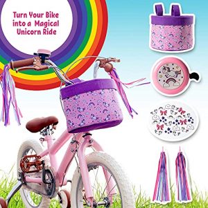 Bike Basket for Girls kit - Unicorn Streamers, Girls Bike Basket Front Facing, & Bicycle Bell | Girls Bike Accessories w/ Girls Bike Bell for Kids, Kids Bike Basket Girls & Bike Streamers for Girls