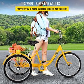 Happybuy Adult Tricycle 1 Speed Size Cruise Bike 20 inch Adjustable Trike with Bell Brake System Cruiser Bicycles Large Size Basket for Recreation Shopping Exercise (Yellow 20 1Speed)