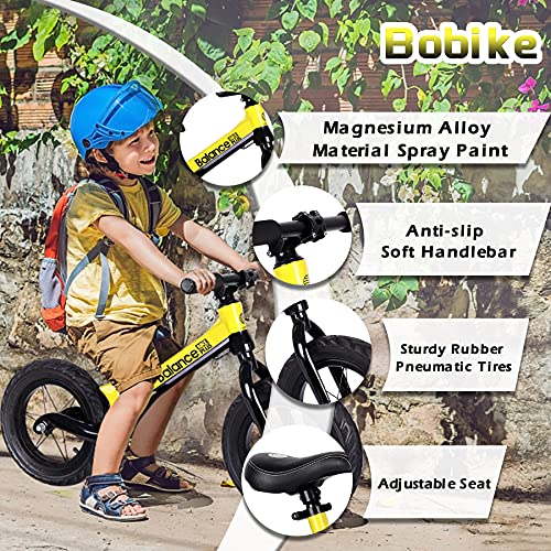 BOBIKE Balance Bike 12" Sturdy Training Bike and Lightweight Bike for 2, 3, 4, 5, 6 Boy Girl Pneumatic Tire Push Walking Bicycle No-Pedal Adjustable Seat (Aluminum, 8.4lbs)