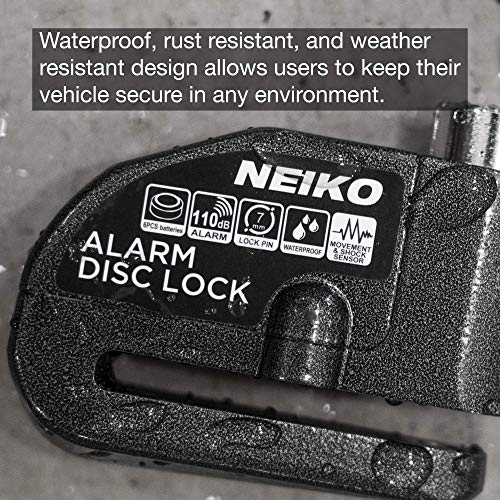 NEIKO 52908A Motorcycle Wheel Disc Brake Lock with Alarm | Up to 110db Sound Alarm | Anti-Theft Motion Sensor Security | Universal Brake Rotors Padlock for Motorcycles, Bicycles, Scooters, and More