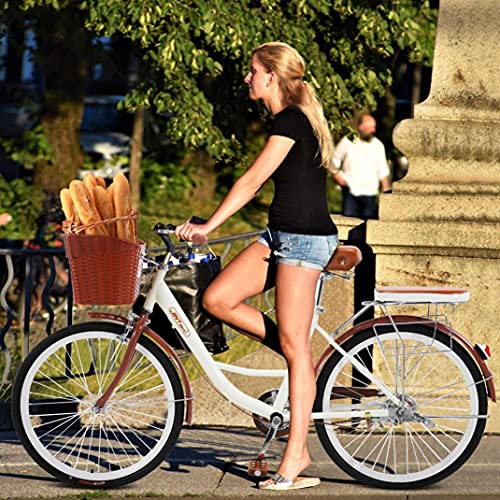 Beach Cruiser Bikes 26 inch Classic Retro Bicycles for Women Comfortable Commuter Bike for Leisure Picnics&Shopping,Road Bike,Women's Seaside Travel Bicycle with Baskets&Rear Racks (C)