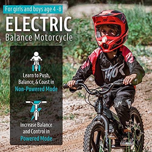 Eclypse Astra 16” Electric Balance Dirt Bike for Kids, Lightweight Electric Bike for Ages 4-8 Years w/3 Speed Twist Grip Throttle, Electric Kids Dirt Riding Off Road, Trails, and Road (Turquoise)