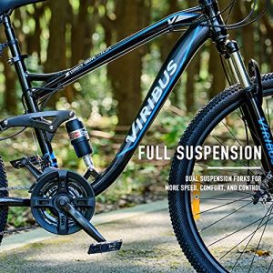 Viribus Adult Mountain Bike, 21 Speed 26 Inch All Terrain Bicycle with Aluminum Frame, 650b MTB with Full Suspension Dual Disc Brakes Adjustable Seat More, On or Offroad Bike for Men and Women