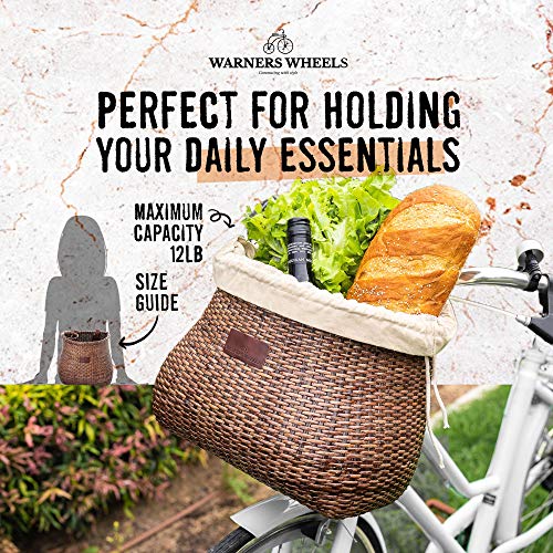 WARNERS WHEELS Bike Basket for Women's Cruiser with Coffee Cup Holder, Handmade Woven Bicycle Baskets mounts to Front Handlebars of Beach Cruisers or Scooters with Vegan Leather Straps - Free Liner