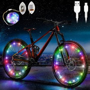 Upgraded Waterproof Bike Wheel Lights 2 Pack Rechargeable Bicycle Lights for Wheels-30 Pcs Led Bike Tire Lights 100% PVC Plastic Film Wrapped Lights for Sun & Rain Protection