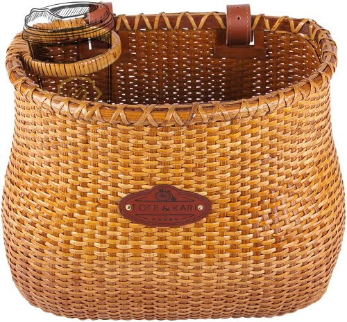 Tote & Kari Bike Basket for Women Beach Cruiser or Scooter The Original Wicker Bicycle Baskets with Built in Cup Holder for Front Handlebar-Classic Vintage Style Handmade Natural Rattan Wicker