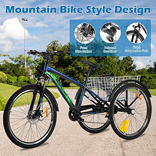 MOPHOTO Mountain Tricycle for Adults, 3 Wheeled 7-Speed Mountain Tricycle 24 inch 26 inch Men's Women's Tricycles Cruiser Bike Featuring Disc Brakes, Basket (Cool Black, 26'' Tire 7-Speed)