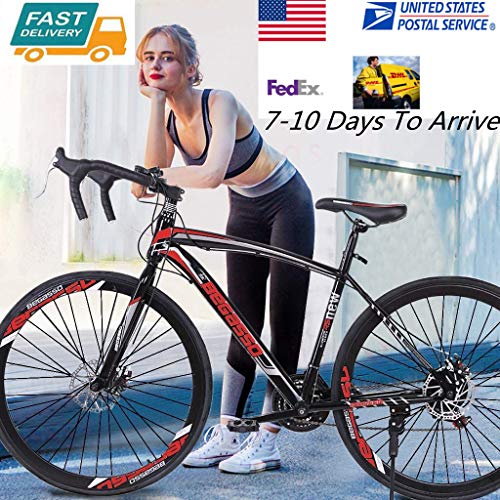 Road Bike Mountain Bicycle, HAIWAI 2021 New Road Bike 700c Bicycle Cycling for Mens or Womens with 21 Speed Disc Brakes&Full Suspension - 【US Warehouse Shipment】 (Red)