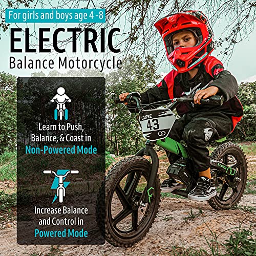 Eclypse Astra 16” Electric Balance Dirt Bike for Kids, Lightweight Electric Bike for Ages 4-8 Years w/3 Speed Twist Grip Throttle, Electric Kids Dirt Riding Off Road, Trails, and Road (Green)