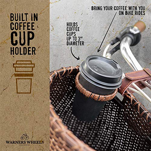 WARNERS WHEELS Bike Basket for Women's Cruiser with Coffee Cup Holder, Handmade Woven Bicycle Baskets mounts to Front Handlebars of Beach Cruisers or Scooters with Vegan Leather Straps - Free Liner