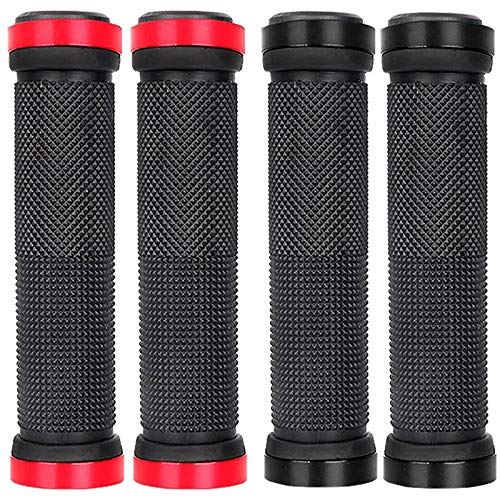 2 Pair Non-Slip-Rubber Bike Grip Bicycle Handlebar Grips with Double Aluminum Lock for Scooter Cruiser Tricycle Wheel Chair, MTB BMX Road Mountain Urban Downhill Fold Bicycles (Black and red)