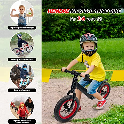 HEMDRE Kids Balance Bike for Boys and Girls 18 Months, 2, 3, 4 and 5 Years Old, 12" Black Infant Training Bike Without Pedals and Adjustable Seat Height，Pneumatic Rubber Tires…