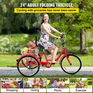 Bkisy Tricycle Adult 24’’ 7-Speed 3 Wheel Bikes for Adults Three Wheel Bike for Adults Adult Trike Adult Folding Tricycle Foldable Adult Tricycle 3 Wheel Bike Trike for Adults (red)