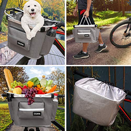 COFIT Detachable Bike Basket, Multi-Purpose Bicycle Front Basket for Pet, Shopping, Commuting, Camping and Outdoor, Upgraded with Pouches Gray