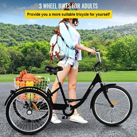 Happybuy Adult Tricycle 20 inch Single Speed Size Adjustable Trike with Bell Brake System Cruiser Bicycles Large Size Basket for Recreation Shopping Exercise (Black 1 Speed)